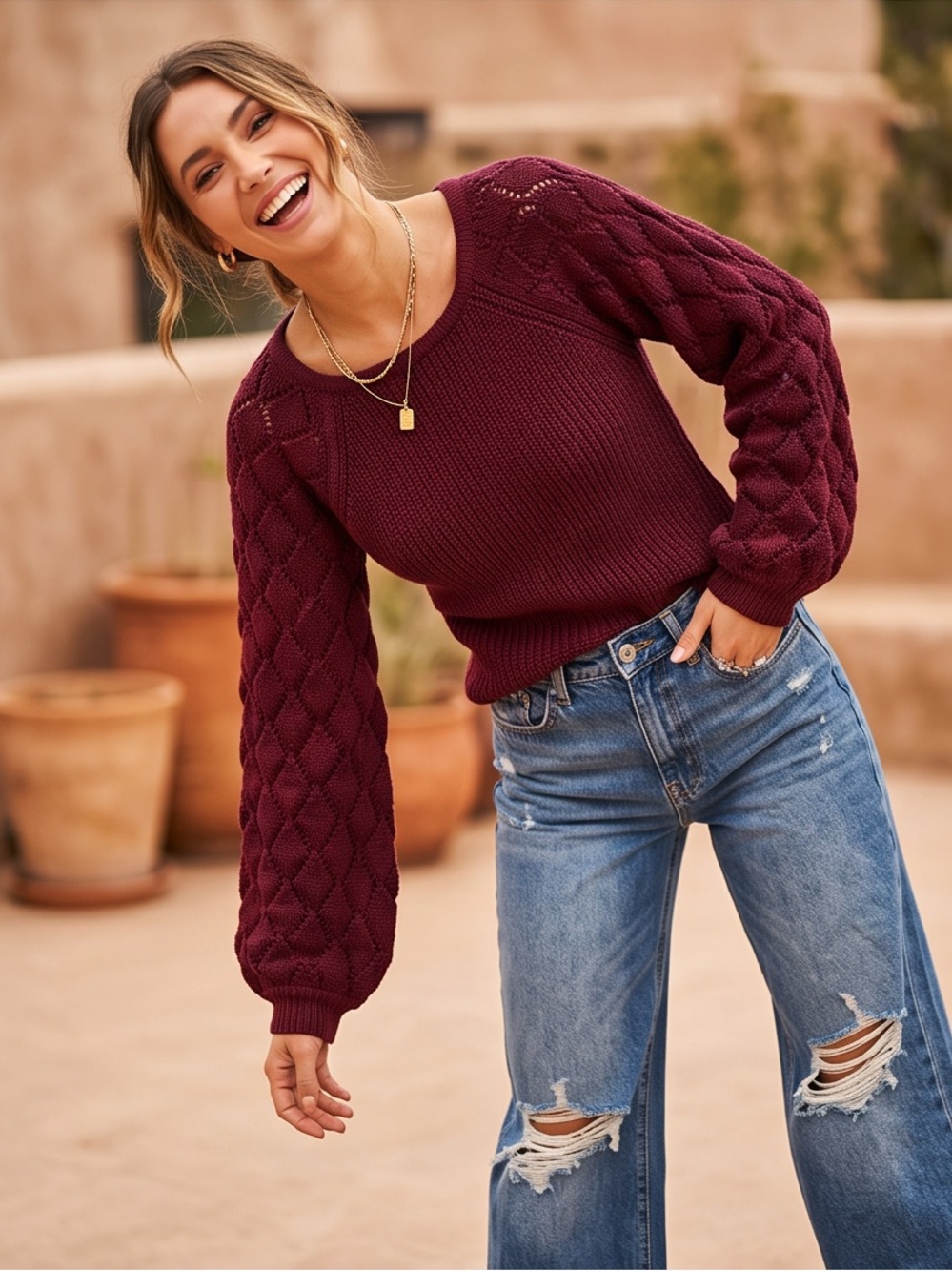 Lulus Burgundy Tie Back Knit Sweater | Boho Balloon Sleeve Cottagecore Top | Med - Picture 7 of 8